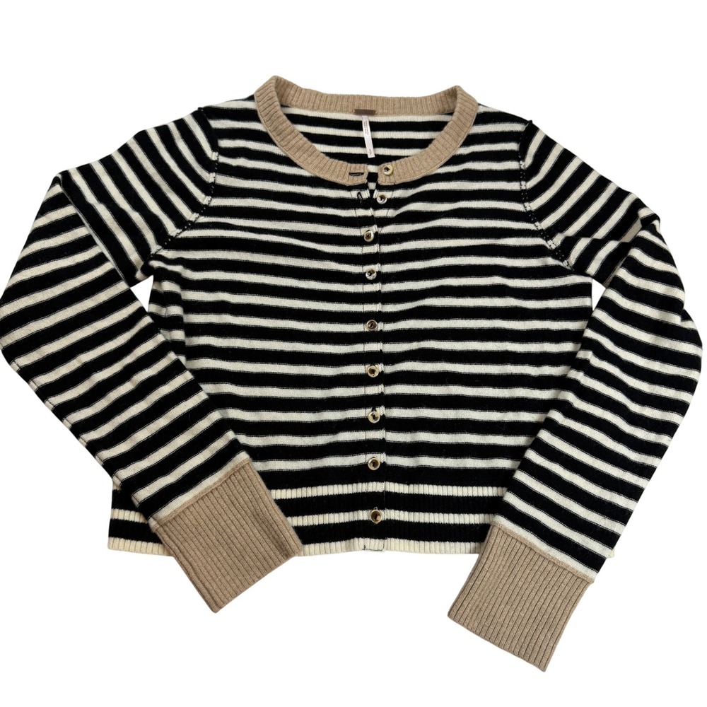 Free People Wool Cashmere Striped Cardigan Sweater Black White Tan Small